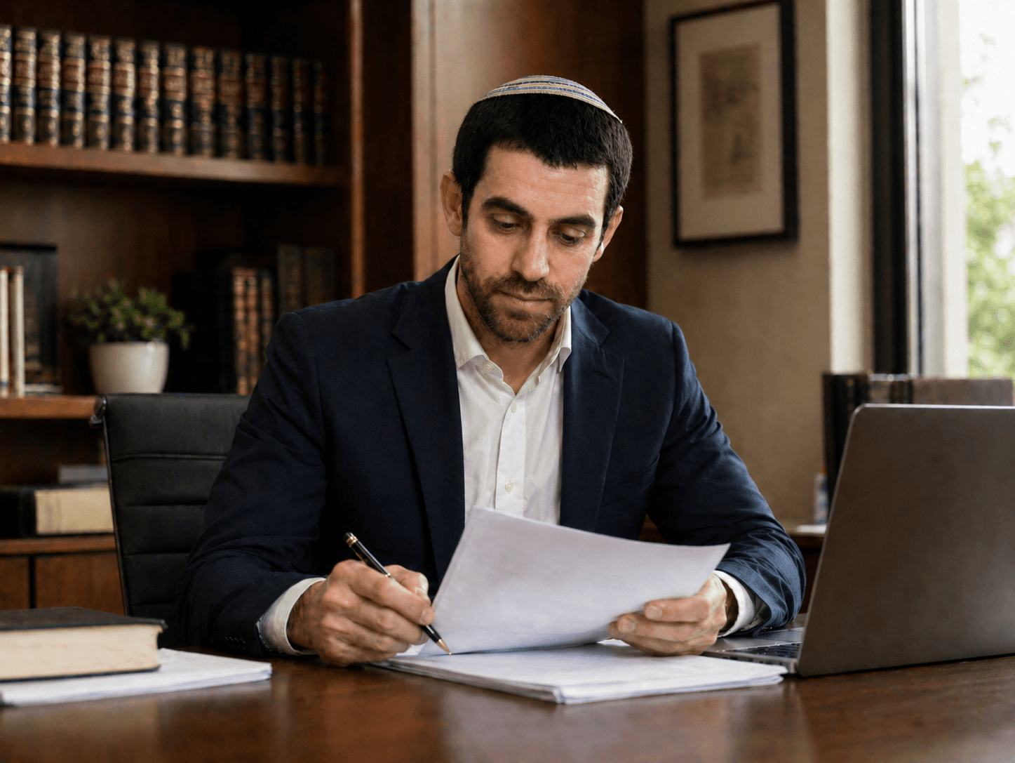 עו״ד שלמה טמיר בעבודה על מסמכים משפטיים
